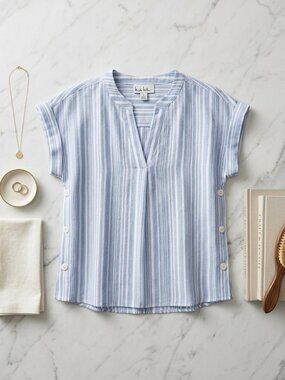 Nicole Miller Blue & White Striped Linen Blend Side Button Popover Top Size M
